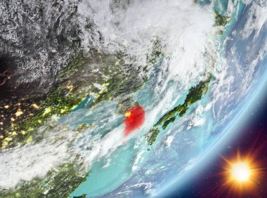 Güney Kore ile son derece detaylı yüzey dokuları ve bulutlar Sunrise Dünya gezegeninin yörüngeden. 3D çizim. Nasa tarafından döşenmiş bu görüntü unsurları.