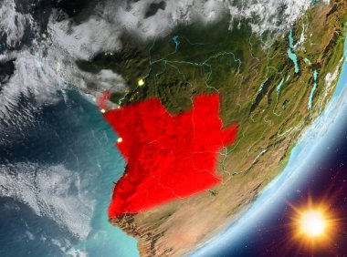 Sunrise son derece detaylı yüzey dokuları ve bulutlar Dünya gezegeninin yörüngesine Angola'dan. 3D çizim. Nasa tarafından döşenmiş bu görüntü unsurları.