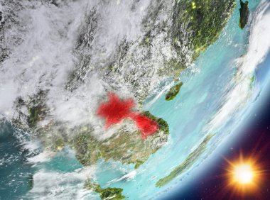 Laos Sunrise son derece detaylı yüzey dokuları ve bulutlar Dünya gezegeninin yörüngeden. 3D çizim. Nasa tarafından döşenmiş bu görüntü unsurları.