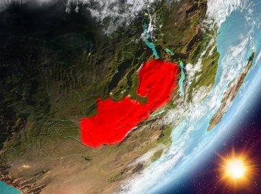 Zambiya Sunrise son derece detaylı yüzey dokuları ve bulutlar Dünya gezegeninin yörüngeden. 3D çizim. Nasa tarafından döşenmiş bu görüntü unsurları.