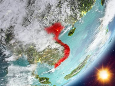 Sunrise son derece detaylı yüzey dokuları ve bulutlar Dünya gezegeninin yörüngesine Vietnam'dan. 3D çizim. Nasa tarafından döşenmiş bu görüntü unsurları.
