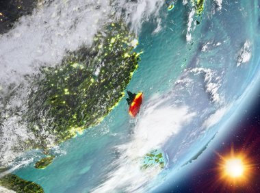 Tayvan Sunrise son derece detaylı yüzey dokuları ve bulutlar Dünya gezegeninin yörüngeden. 3D çizim. Nasa tarafından döşenmiş bu görüntü unsurları.
