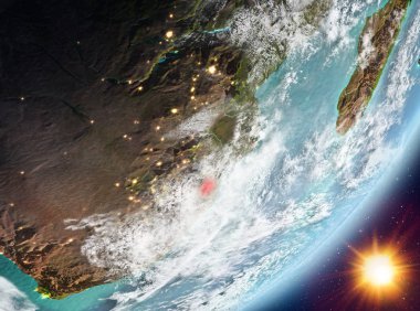 Svaziland Sunrise son derece detaylı yüzey dokuları ve bulutlar Dünya gezegeninin yörüngeden. 3D çizim. Nasa tarafından döşenmiş bu görüntü unsurları.