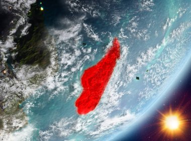Madagaskar Sunrise son derece detaylı yüzey dokuları ve bulutlar Dünya gezegeninin yörüngeden. 3D çizim. Nasa tarafından döşenmiş bu görüntü unsurları.