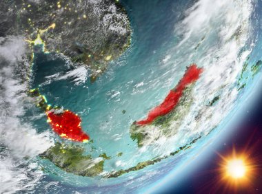 Malezya Sunrise son derece detaylı yüzey dokuları ve bulutlar Dünya gezegeninin yörüngeden. 3D çizim. Nasa tarafından döşenmiş bu görüntü unsurları.