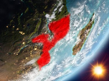 Sunrise son derece detaylı yüzey dokuları ve bulutlar Dünya gezegeninin yörüngeden Mozambik. 3D çizim. Nasa tarafından döşenmiş bu görüntü unsurları.