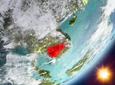 Kamboçya'dan Sunrise son derece detaylı yüzey dokuları ve bulutlar Dünya gezegeninin yörüngesinde. 3D çizim. Nasa tarafından döşenmiş bu görüntü unsurları.