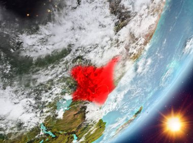 Sunrise son derece detaylı yüzey dokuları ve bulutlar Dünya gezegeninin yörüngeden Kenya. 3D çizim. Nasa tarafından döşenmiş bu görüntü unsurları.