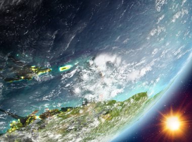 Karayipler Sunrise son derece detaylı yüzey dokuları ve bulutlar Dünya gezegeninin yörüngeden. 3D çizim. Nasa tarafından döşenmiş bu görüntü unsurları.
