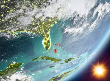 Bahamalar Sunrise son derece detaylı yüzey dokuları ve bulutlar Dünya gezegeninin yörüngeden. 3D çizim. Nasa tarafından döşenmiş bu görüntü unsurları.