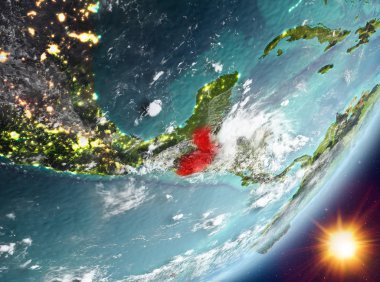 Guatemala Sunrise son derece detaylı yüzey dokuları ve bulutlar Dünya gezegeninin yörüngeden. 3D çizim. Nasa tarafından döşenmiş bu görüntü unsurları.