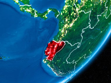 Red Planet Earth görünür sınır çizgileri ve şehir ışıkları ile gece Ekvador'da. 3D çizim. Nasa tarafından döşenmiş bu görüntü unsurları.