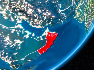 Umman kırmızı Planet Earth görünür sınır çizgileri ve şehir ışıkları ile gece. 3D çizim. Nasa tarafından döşenmiş bu görüntü unsurları.