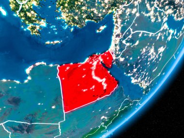 Mısır kırmızı Planet Earth görünür sınır çizgileri ve şehir ışıkları ile gece. 3D çizim. Nasa tarafından döşenmiş bu görüntü unsurları.