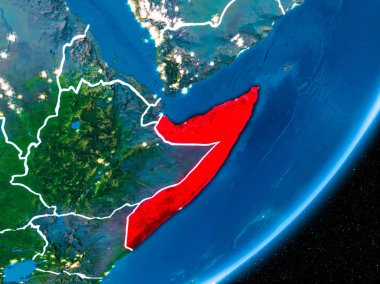 Somali kırmızı Planet Earth görünür sınır çizgileri ve şehir ışıkları ile gece. 3D çizim. Nasa tarafından döşenmiş bu görüntü unsurları.