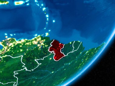 Guyana kırmızı Planet Earth görünür sınır çizgileri ve şehir ışıkları ile gece. 3D çizim. Nasa tarafından döşenmiş bu görüntü unsurları.