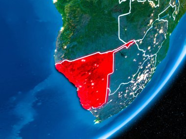 Namibya kırmızı Planet Earth görünür sınır çizgileri ve şehir ışıkları ile gece. 3D çizim. Nasa tarafından döşenmiş bu görüntü unsurları.