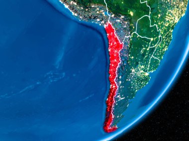 Şili kırmızı Planet Earth görünür sınır çizgileri ve şehir ışıkları ile gece. 3D çizim. Nasa tarafından döşenmiş bu görüntü unsurları.