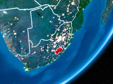 Lesotho kırmızı Planet Earth görünür sınır çizgileri ve şehir ışıkları ile gece. 3D çizim. Nasa tarafından döşenmiş bu görüntü unsurları.