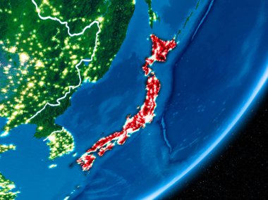 Planet Earth kırmızı ışıklar gece görünür sınır çizgileri ve şehir ile Japonya. 3D çizim. Nasa tarafından döşenmiş bu görüntü unsurları.