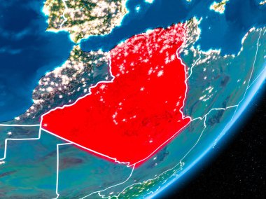 Red Planet Earth görünür sınır çizgileri ve şehir ışıkları ile gece Cezayir'de. 3D çizim. Nasa tarafından döşenmiş bu görüntü unsurları.