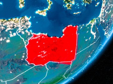 Libya kırmızı Planet Earth görünür sınır çizgileri ve şehir ışıkları ile gece. 3D çizim. Nasa tarafından döşenmiş bu görüntü unsurları.