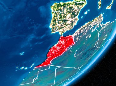 Fas kırmızı Planet Earth görünür sınır çizgileri ve şehir ışıkları ile gece. 3D çizim. Nasa tarafından döşenmiş bu görüntü unsurları.
