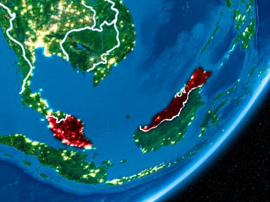 Malezya da red Planet Earth görünür sınır çizgileri ve şehir ışıkları ile gece. 3D çizim. Nasa tarafından döşenmiş bu görüntü unsurları.