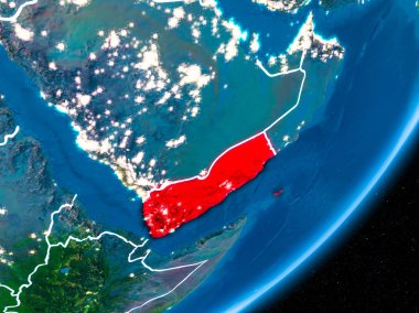 Red Planet Earth görünür sınır çizgileri ve şehir ışıkları ile gece Yemen'de. 3D çizim. Nasa tarafından döşenmiş bu görüntü unsurları.