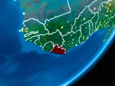 Liberya kırmızı Planet Earth görünür sınır çizgileri ve şehir ışıkları ile gece. 3D çizim. Nasa tarafından döşenmiş bu görüntü unsurları.