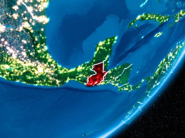 Guatemala kırmızı Planet Earth görünür sınır çizgileri ve şehir ışıkları ile gece. 3D çizim. Nasa tarafından döşenmiş bu görüntü unsurları.