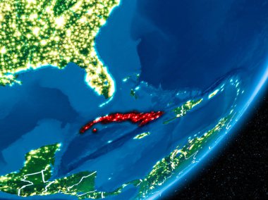 Küba'da red Planet Earth görünür sınır çizgileri ve şehir ışıkları ile gece. 3D çizim. Nasa tarafından döşenmiş bu görüntü unsurları.