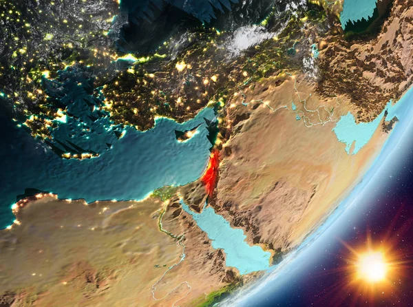 İsrail Sunrise son derece detaylı yüzey dokuları ve bulutlar Dünya gezegeninin yörüngeden. 3D çizim. Nasa tarafından döşenmiş bu görüntü unsurları.