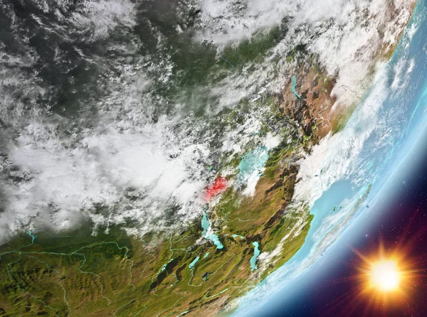 Ruanda Sunrise son derece detaylı yüzey dokuları ve bulutlar Dünya gezegeninin yörüngeden. 3D çizim. Nasa tarafından döşenmiş bu görüntü unsurları.
