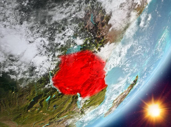 Sunrise son derece detaylı yüzey dokuları ve bulutlar Dünya gezegeninin yörüngesine Tanzanyalı. 3D çizim. Nasa tarafından döşenmiş bu görüntü unsurları.