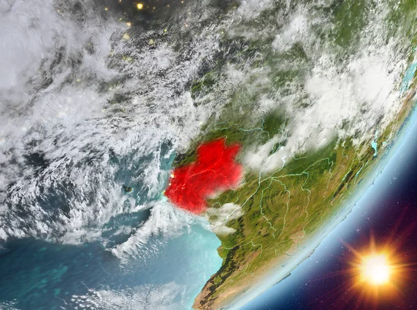 Gabon Sunrise son derece detaylı yüzey dokuları ve bulutlar Dünya gezegeninin yörüngeden. 3D çizim. Nasa tarafından döşenmiş bu görüntü unsurları.