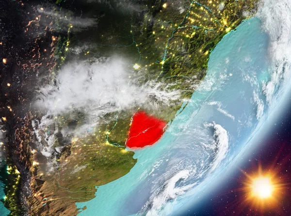 Uruguay Sunrise son derece detaylı yüzey dokuları ve bulutlar Dünya gezegeninin yörüngeden. 3D çizim. Nasa tarafından döşenmiş bu görüntü unsurları.