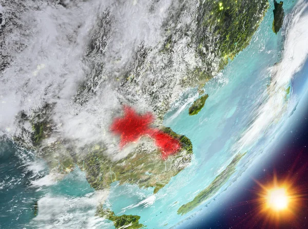 Laos Sunrise son derece detaylı yüzey dokuları ve bulutlar Dünya gezegeninin yörüngeden. 3D çizim. Nasa tarafından döşenmiş bu görüntü unsurları.