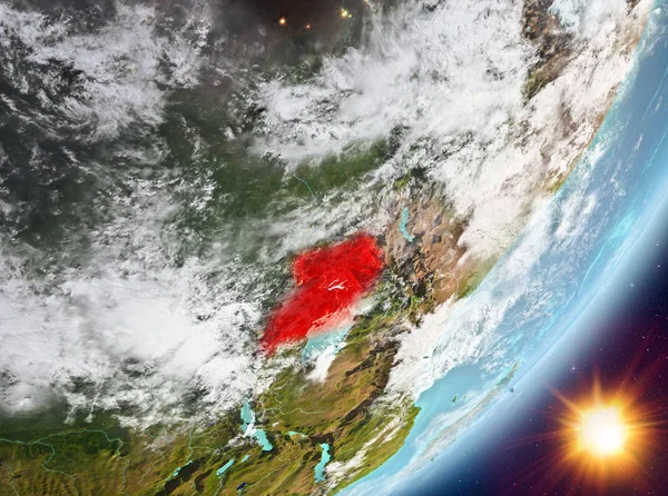 Uganda Sunrise son derece detaylı yüzey dokuları ve bulutlar Dünya gezegeninin yörüngeden. 3D çizim. Nasa tarafından döşenmiş bu görüntü unsurları.
