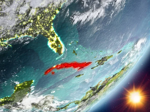 Sunrise son derece detaylı yüzey dokuları ve bulutlar Dünya gezegeninin yörüngesine Küba. 3D çizim. Nasa tarafından döşenmiş bu görüntü unsurları.