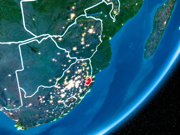 Svaziland kırmızı Planet Earth görünür sınır çizgileri ve şehir ışıkları ile gece. 3D çizim. Nasa tarafından döşenmiş bu görüntü unsurları.