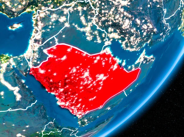 Suudi Arabistan'da red Planet Earth görünür sınır çizgileri ve şehir ışıkları ile gece. 3D çizim. Nasa tarafından döşenmiş bu görüntü unsurları.
