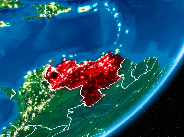 Venezuela kırmızılı Planet Earth görünür sınır çizgileri ve şehir ışıkları ile gece. 3D çizim. Nasa tarafından döşenmiş bu görüntü unsurları.
