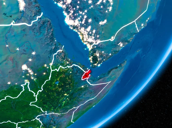 Cibuti kırmızı Planet Earth görünür sınır çizgileri ve şehir ışıkları ile gece. 3D çizim. Nasa tarafından döşenmiş bu görüntü unsurları.