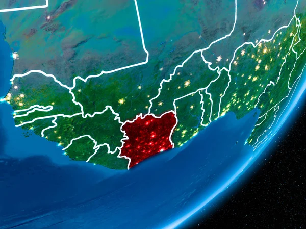 Fildişi Sahili kırmızı Planet Earth görünür sınır çizgileri ve şehir ışıkları ile gece. 3D çizim. Nasa tarafından döşenmiş bu görüntü unsurları.