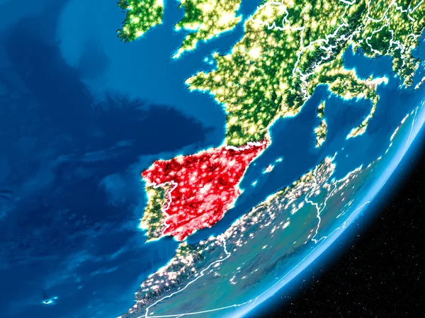 İspanya kırmızı Planet Earth görünür sınır çizgileri ve şehir ışıkları ile gece. 3D çizim. Nasa tarafından döşenmiş bu görüntü unsurları.