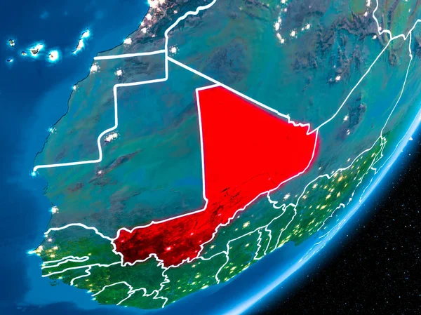 Mali kırmızı Planet Earth görünür sınır çizgileri ve şehir ışıkları ile gece. 3D çizim. Nasa tarafından döşenmiş bu görüntü unsurları.