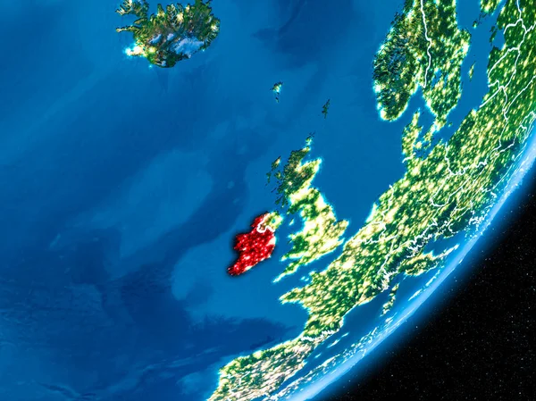 İrlanda kırmızı Planet Earth görünür sınır çizgileri ve şehir ışıkları ile gece. 3D çizim. Nasa tarafından döşenmiş bu görüntü unsurları.