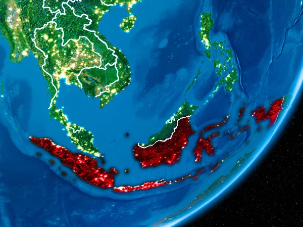 Endonezya kırmızı Planet Earth görünür sınır çizgileri ve şehir ışıkları ile gece. 3D çizim. Nasa tarafından döşenmiş bu görüntü unsurları.