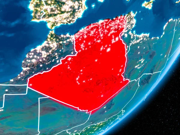 Red Planet Earth görünür sınır çizgileri ve şehir ışıkları ile gece Cezayir'de. 3D çizim. Nasa tarafından döşenmiş bu görüntü unsurları.